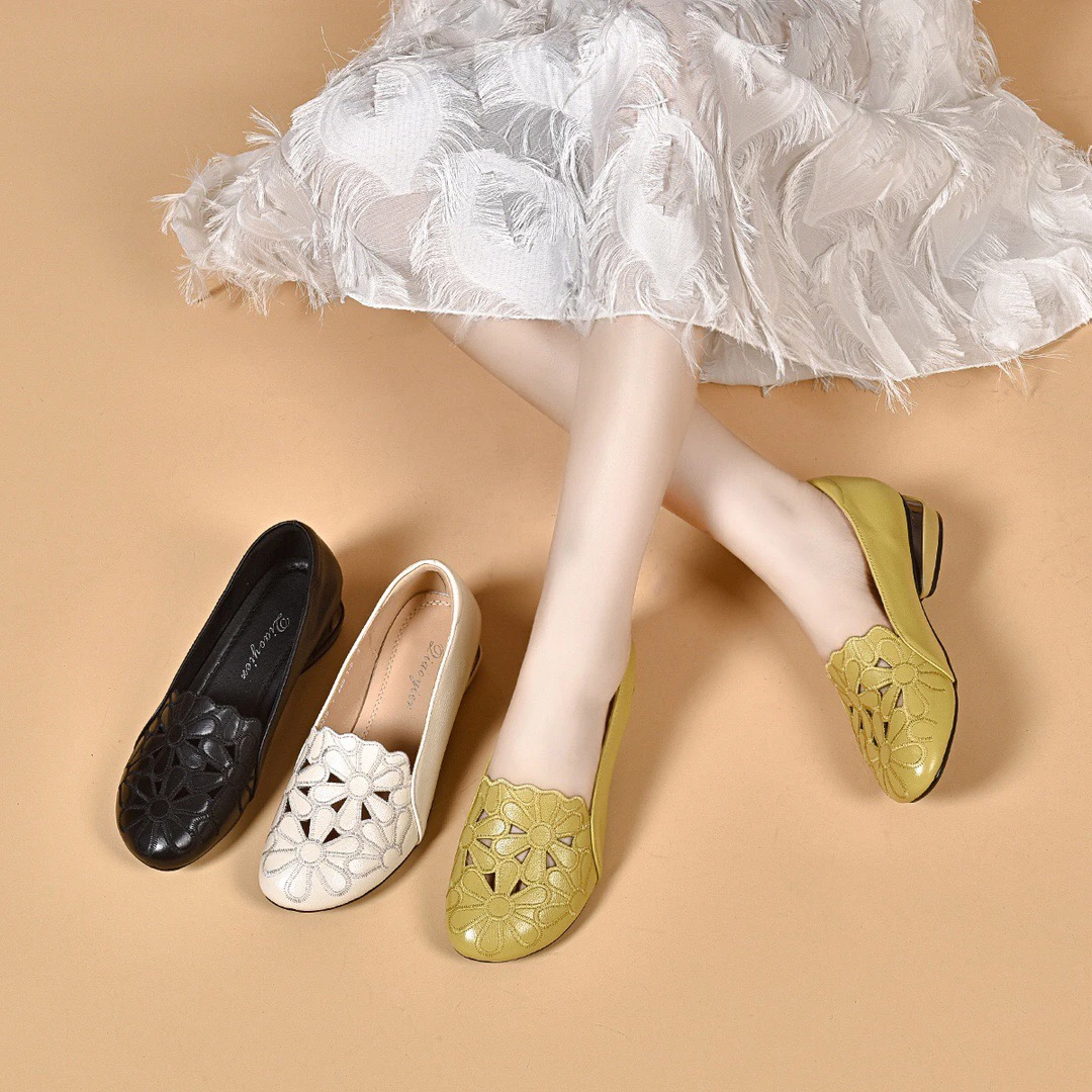 夏季女鞋镂空刺绣单鞋浅口真皮妈妈鞋