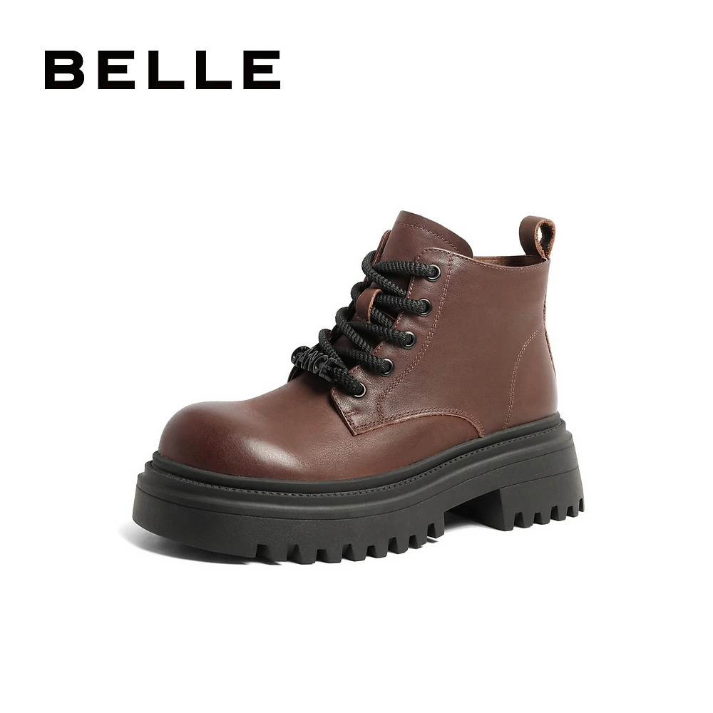 百丽复古小丑头马丁靴女23冬新商场同款增高短筒靴A5A1DDD3