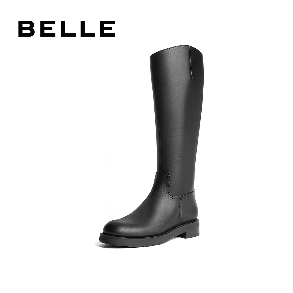 百丽平跟骑士靴女2023冬新商场同款牛皮革舒适显瘦长靴3FT71DG3