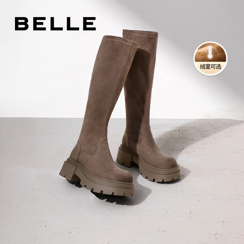 【修容靴】百丽绒面修容靴弹力靴女鞋冬新粗跟雅丹风靴子A4X1DDC3