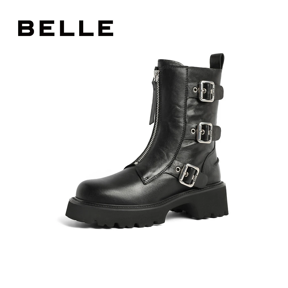 百丽个性金属扣机车靴女23冬新潮流百搭休闲靴BEM67DZ3