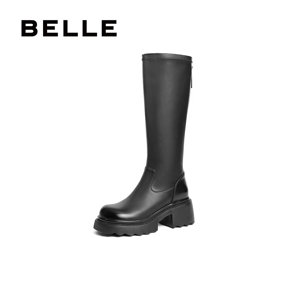 百丽英伦风长筒百搭时尚显瘦弹力高靴女冬新增高厚底长靴B2389DG4