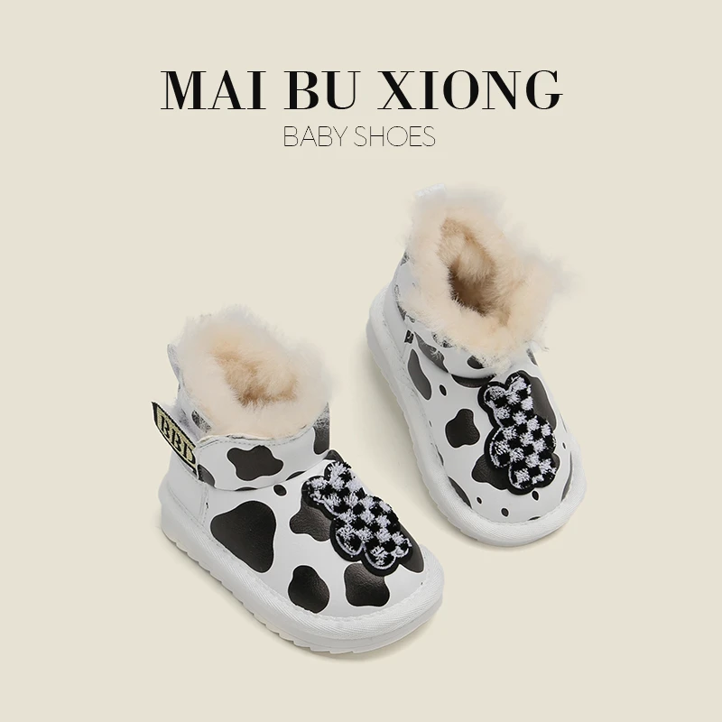 婴儿童学步鞋子男童休闲鞋加绒雪地靴冬季女童小熊短靴宝宝鞋保暖