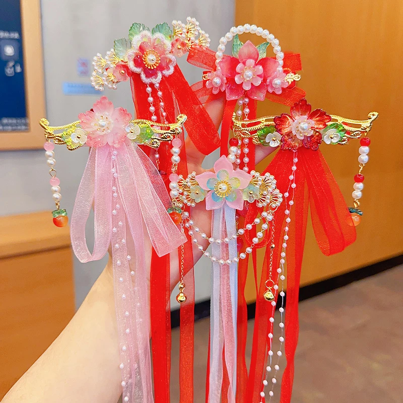 儿童汉服头饰女童中国风蝴蝶结飘带发夹超仙唐装宝宝新年发卡发饰