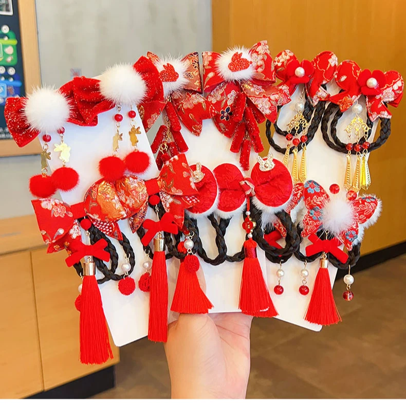 儿童汉服发饰中国风女童古风公主新年头饰小女孩假发辫子过年发夹