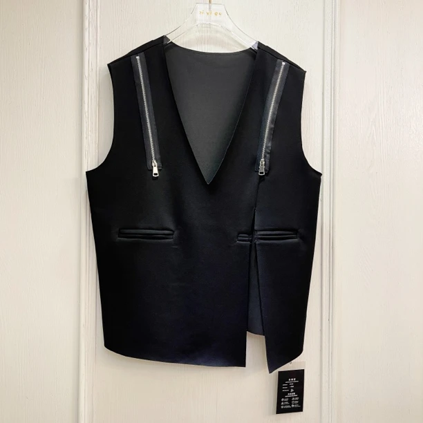 秋季新款V领套头拉链空气层马甲小众设计不规则外搭黑色个性背心