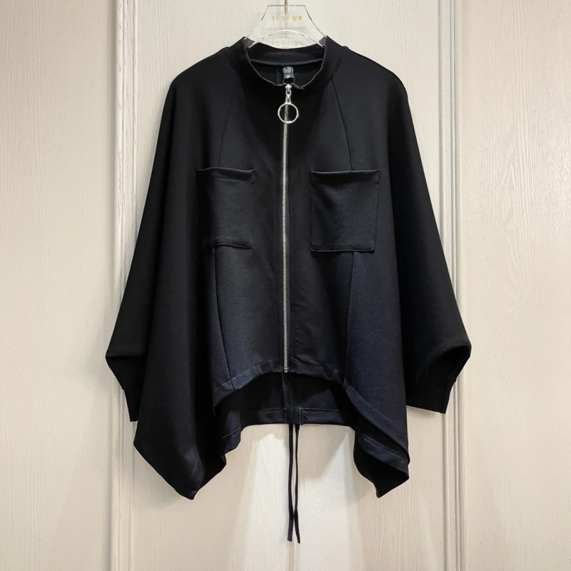 2025春秋新款韩版拉链气质时尚黑色长袖女外套简约宽松蝙蝠袖开衫