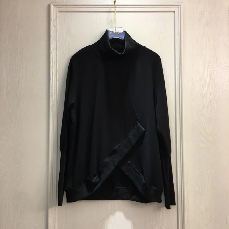 欧洲站2025春秋新款潮半高领女装暗黑性冷淡风极简不规则下摆上衣