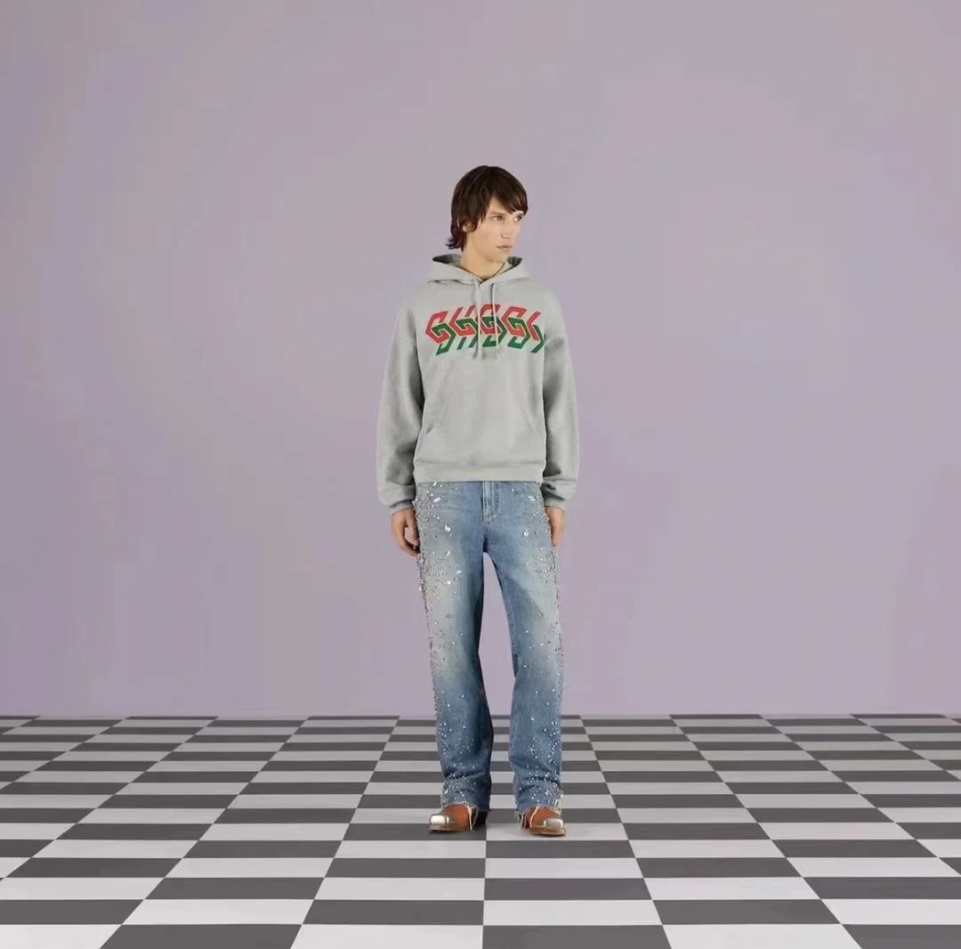 Gucci/古驰/镜像字母灰色连帽卫衣肖战同款XS码全新带吊 GM000730