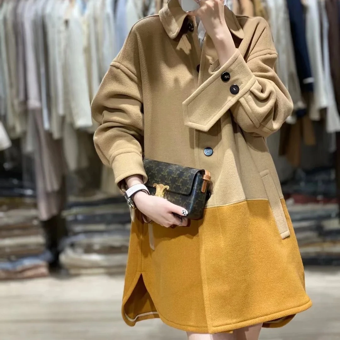 99新 Chloe/蔻依 驼色拼接翻领羊绒大衣 34码 GM001856