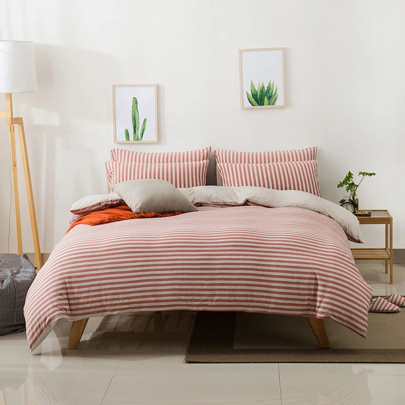 全棉天竺棉四件套针织纯棉简约裸睡床笠款床单式条纹被罩日式床品