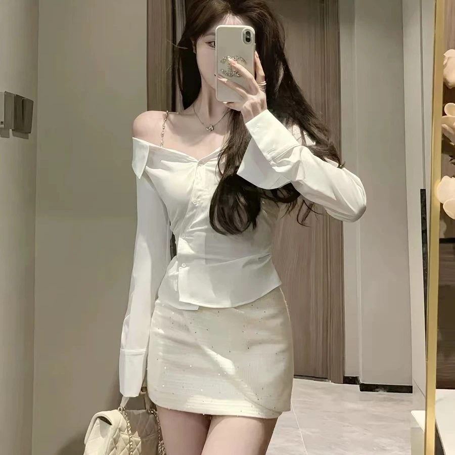 纯欲风一字肩白色衬衫女早秋高级别致气质小衫掐腰上衣+半裙套装