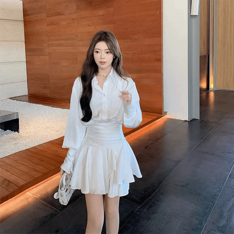 2024早秋新款ins气质缎面长袖白色衬衫连衣裙高级感收腰a字短裙