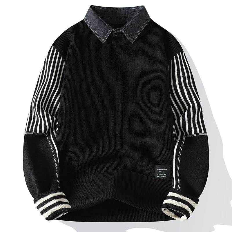 冬季2024男士时尚条纹假两件针织毛衣青少年男士休闲长袖打底衫
