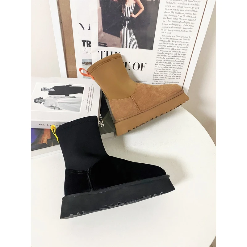 【迪普靴|4CM】皮毛一体小个子马丁靴女高跟靴新款秋季弹力靴瘦瘦靴