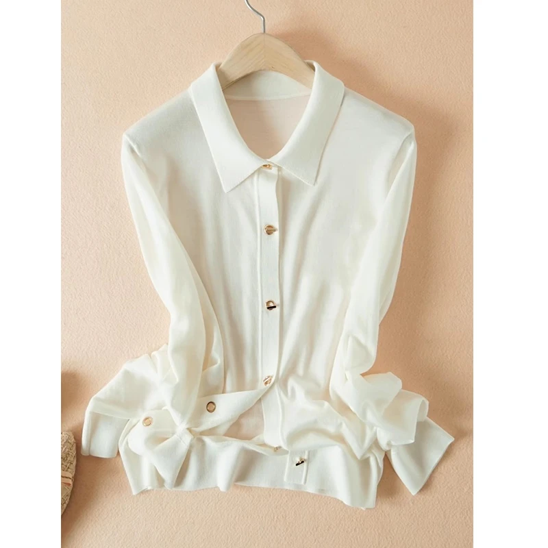 精纺羊毛开衫女可机洗不缩水OL通勤针织开衫衬衫领上衣女137