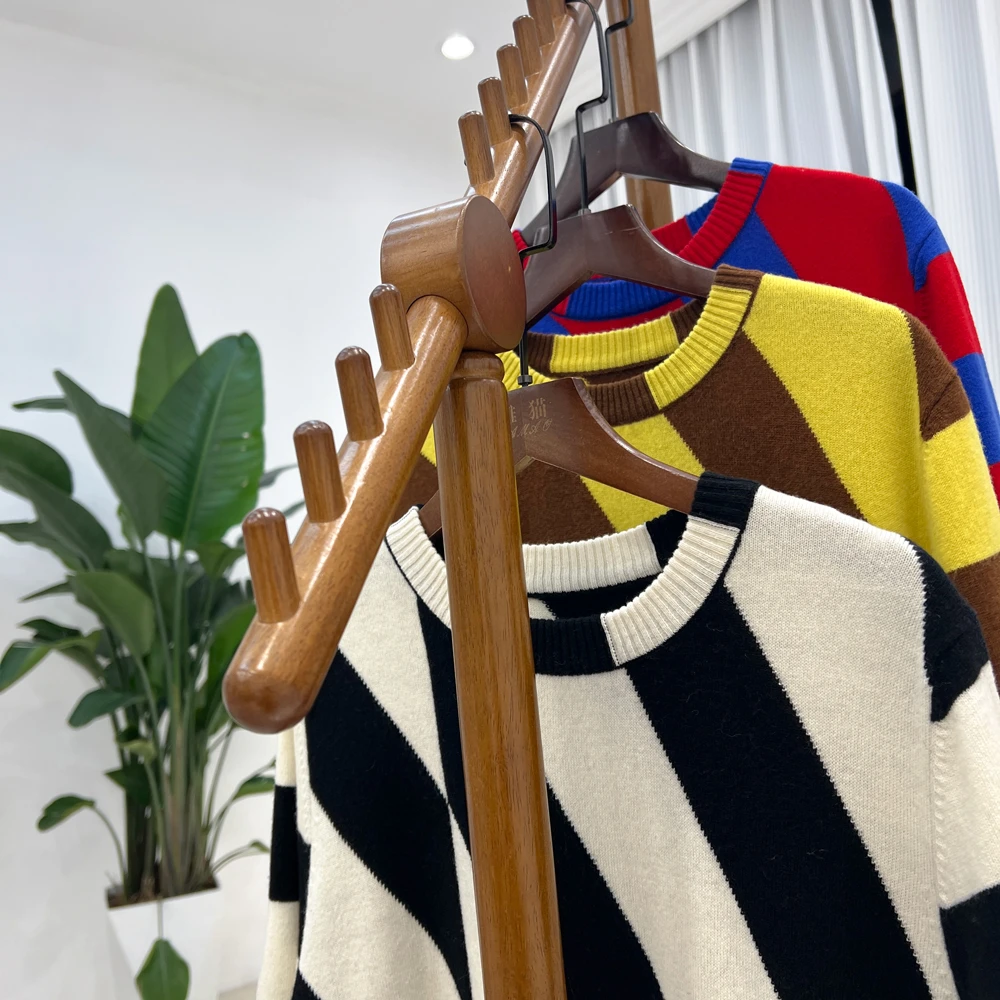 宽松毛针织衫撞色上衣女装老钱风条纹毛衣圆领时尚百搭复古拼接