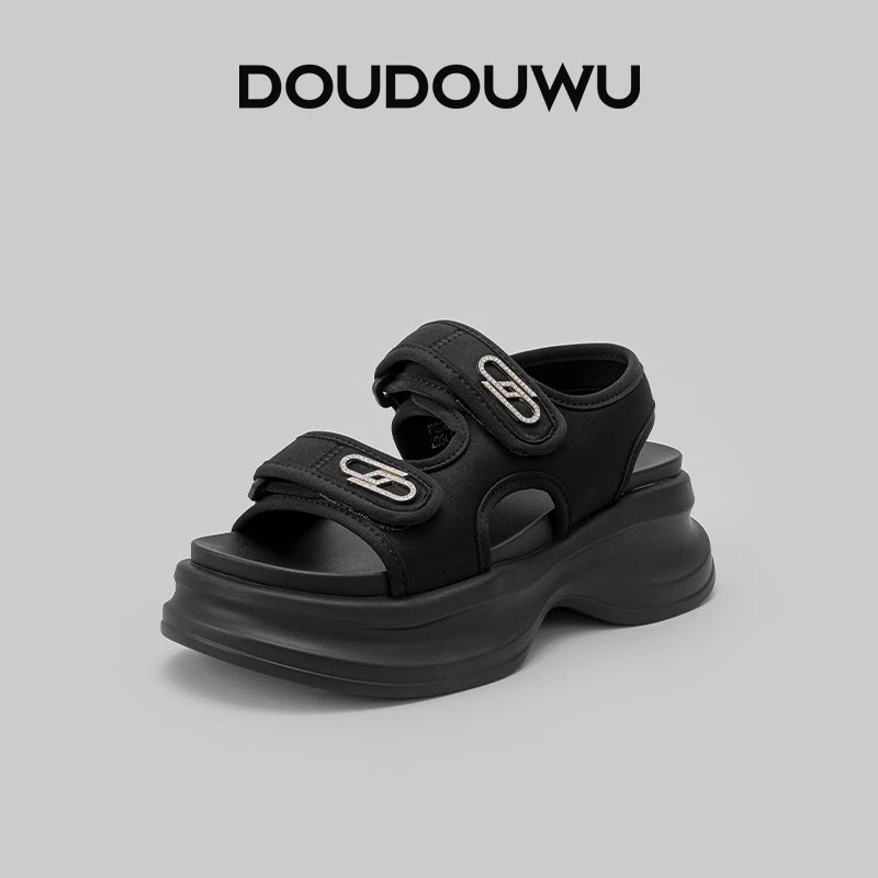 豆豆屋厚底凉鞋女2025夏季新款韩版休闲一字扣带百搭松糕中跟女鞋