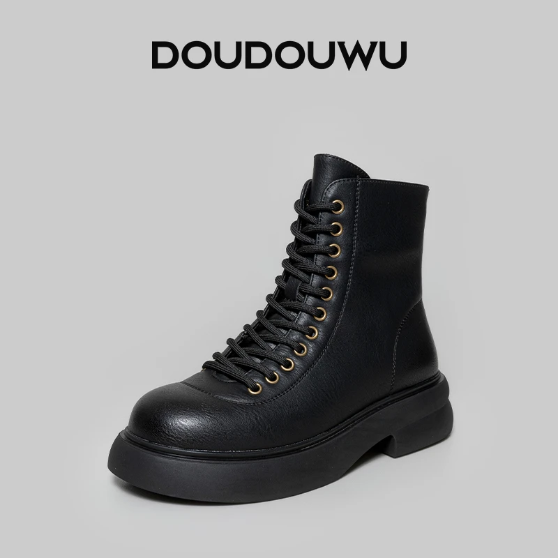 豆豆屋厚底马丁靴女加绒冬季新款韩版潮英伦休闲系带粗跟短靴