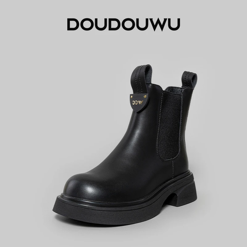 豆豆屋厚底烟筒靴女加绒2025冬季新款韩版潮英伦粗跟切尔西短筒靴
