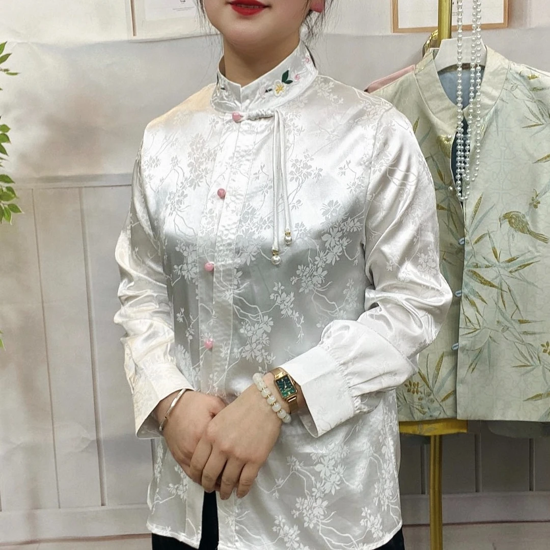 气质新中式国风提花衬衫刺绣流苏款衬衣长袖网红绣花立领复古中国