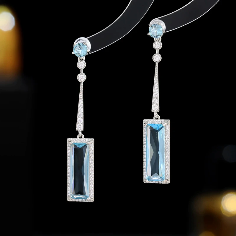 铜合金合成锆石耳饰 法式优雅设计师款韩版名媛简约长款几何