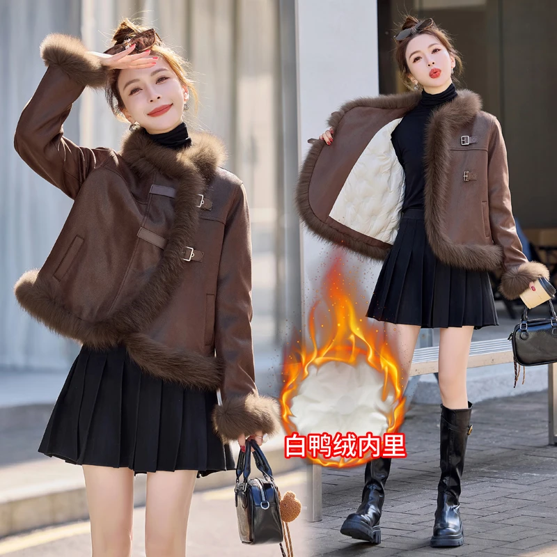 2024新款冬装爆款高级感轻奢麂皮绒拼接狐狸毛气质白鸭绒外套