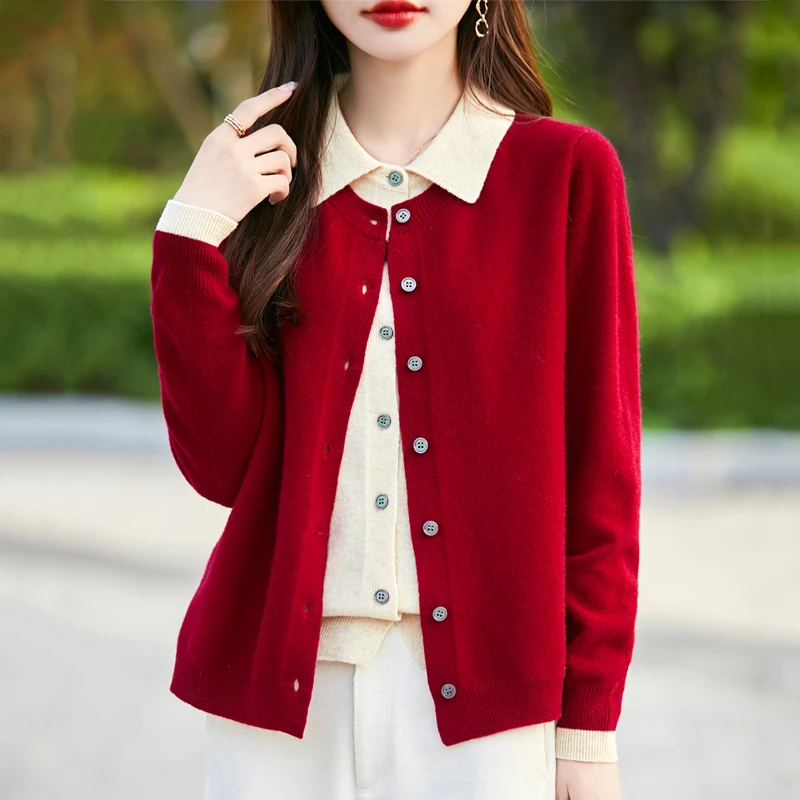 女士上衣绵羊毛2024早秋韩版款羊毛开衫假两件针织打底衫