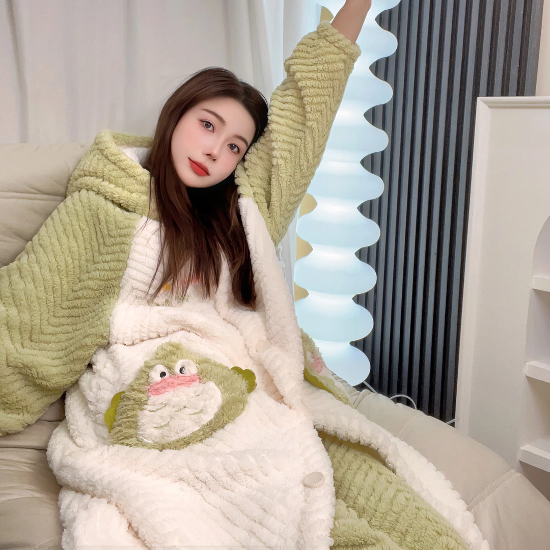 卡通睡袍女套装冬季加厚新款可爱甜美风珊瑚绒保暖法兰绒家居服