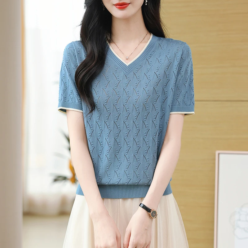天丝莱赛尔短袖女士宽松洋气针织小衫时尚百搭显瘦透气吸汗妈妈装
