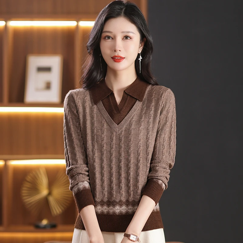 2024新款秋冬女士翻领假两件针织打底衫时尚洋气外穿显瘦上衣毛衣