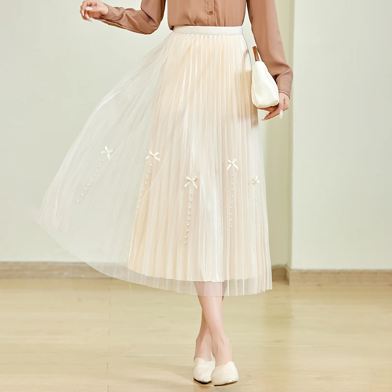 2024春夏新款显瘦半身裙高腰时尚百搭长款百褶裙夏季中长款网纱裙