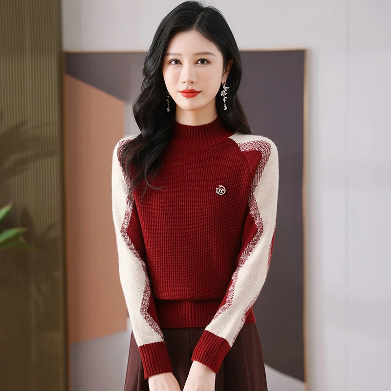 撞色时髦小个子毛衣秋冬洋气妈妈装针织衫别致休闲宽松打底衫内搭