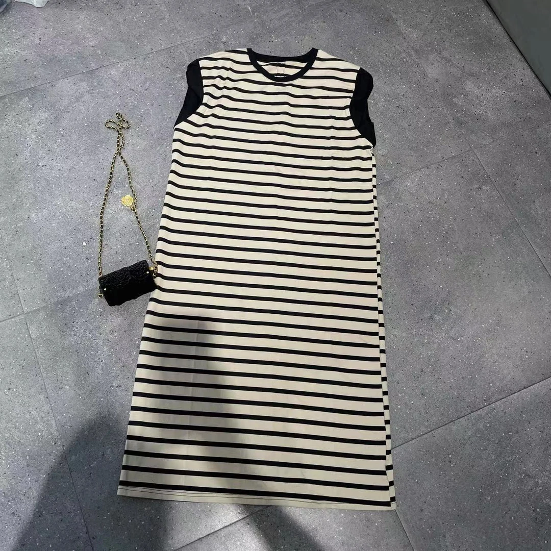【樱子家】5130D 条纹连衣裙女夏季宽松显瘦慵懒风背心坎肩袖长裙