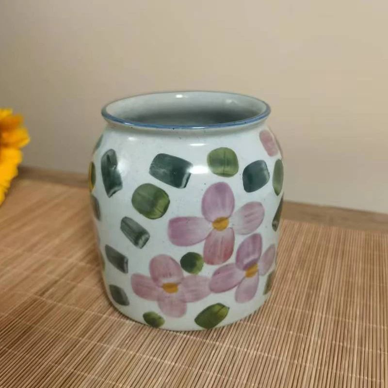 大奶罐【四瓣花】陶泥复古纯手工绘花瓶花器笔筒