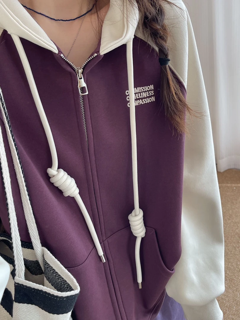 插肩拼色连帽开衫外套女2025秋季新款慵懒风宽松上衣时尚百搭