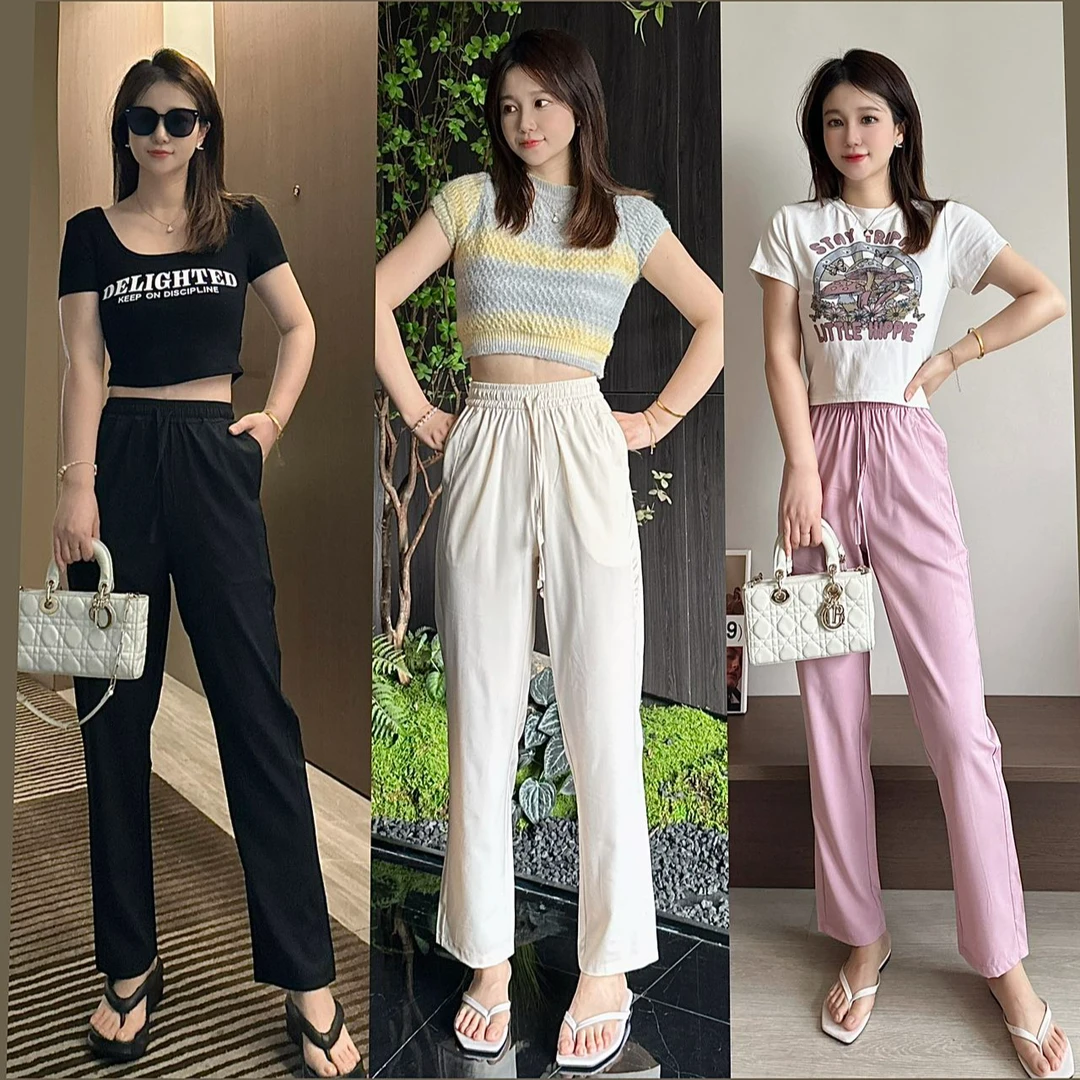 ~~凉感雪花~~夏季显瘦高腰抽绳瘦版阔腿裤休闲裤q08