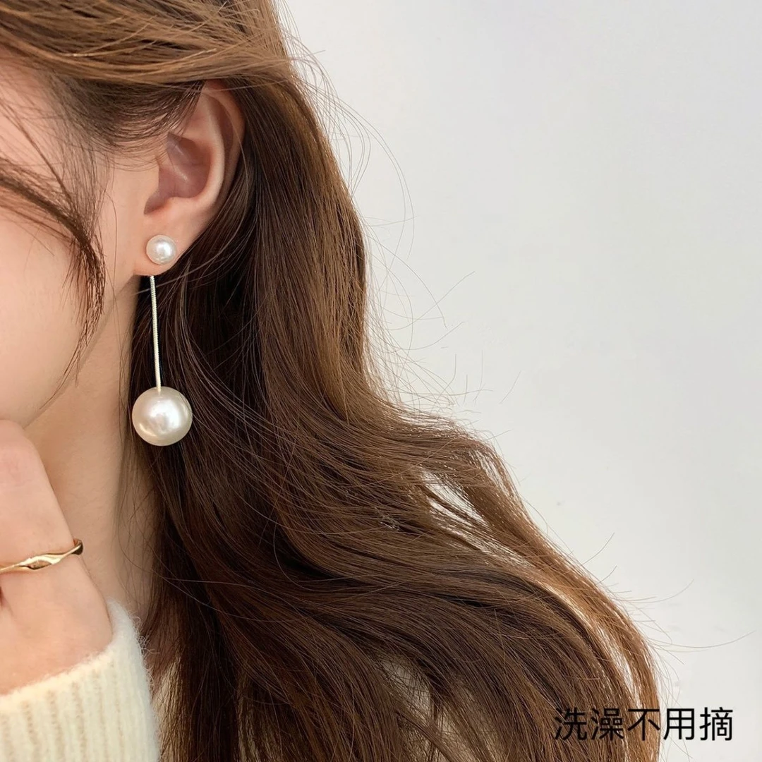 钛钢保色高档耳环明星同款气质耳饰珠珠长款圆珠蛇骨链珠珠吊坠潮