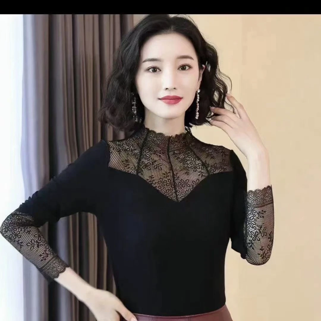 秋冬加绒高领女神衣修身显瘦百搭时尚韩版打底衫透气蕾丝上衣女款