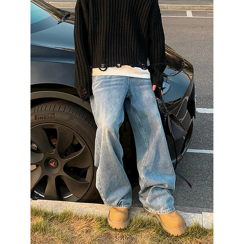 PLTH*浅色宽松直筒拖地裤休闲百搭复古水洗韩版显高长裤男女同款