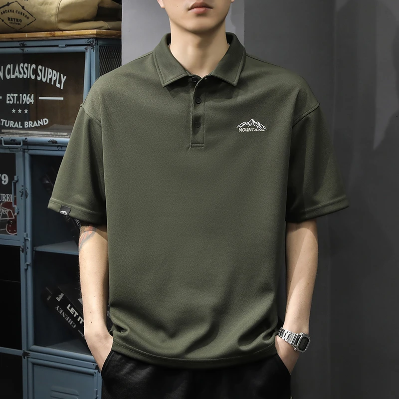 美式重磅复古男士短袖polo衫夏季宽松大码五分袖潮牌半袖上衣体恤