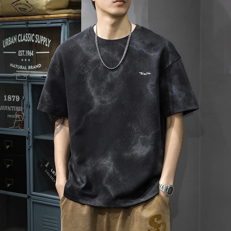 夏季重磅复古水洗短袖t恤男美式休闲宽松半截袖潮流高街痞帅体恤T