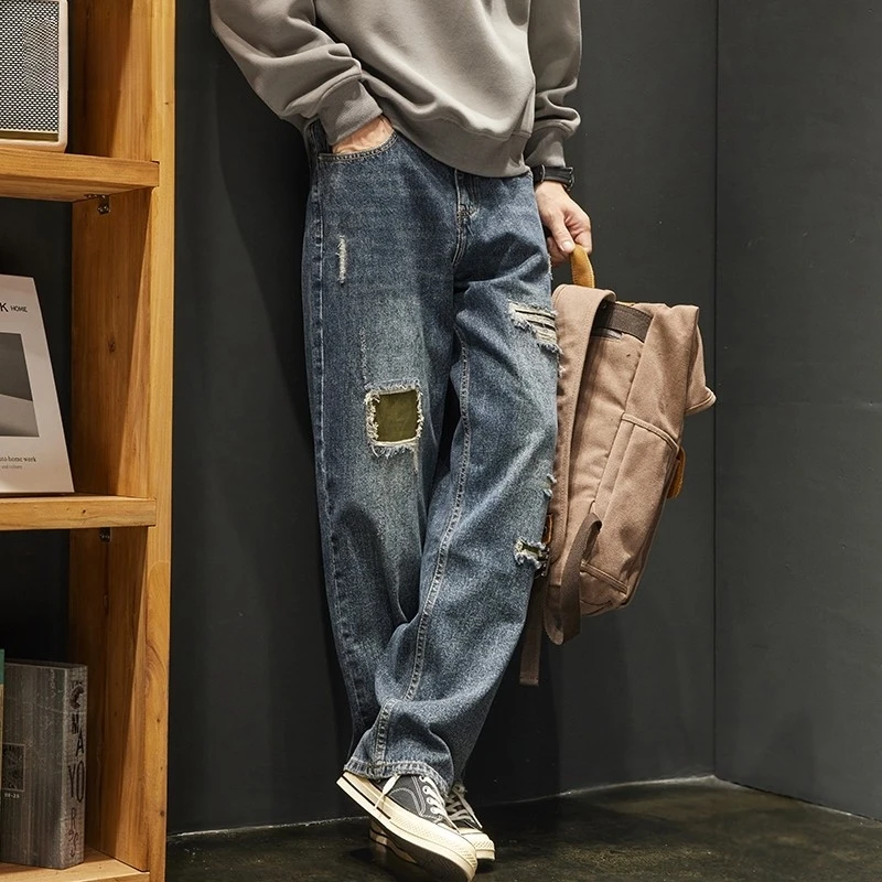 美式高街潮牌破洞补丁牛仔裤男士秋冬季新款宽松复古水洗直筒裤子