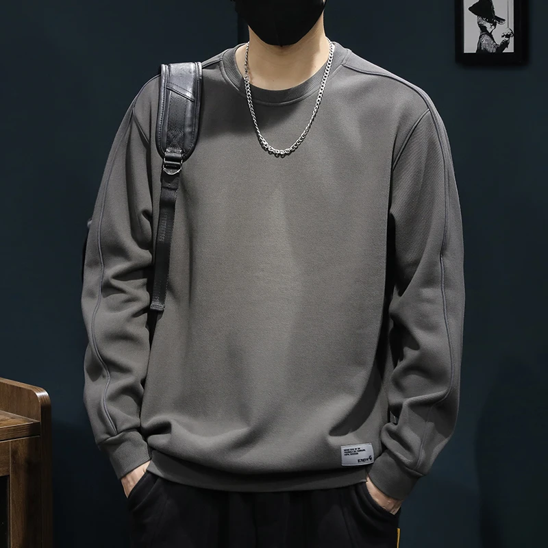 纯棉重磅男士卫衣秋季新款2025潮牌简约圆领宽松大码秋冬加绒上衣