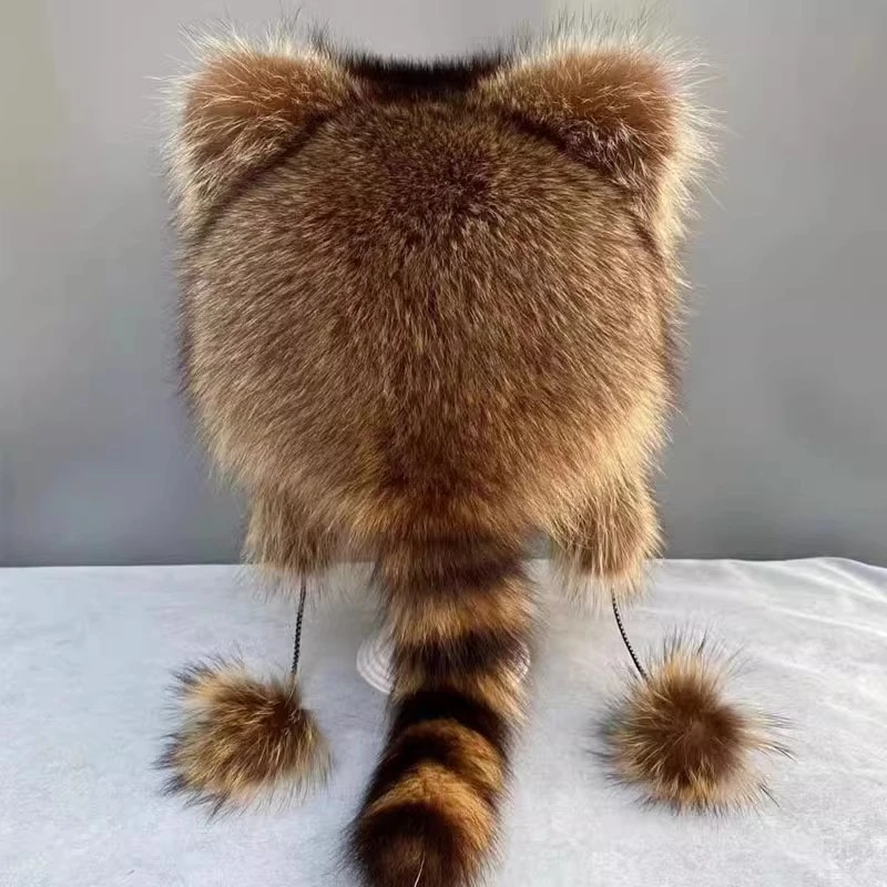 小浣熊霸王帽尾巴帽子美洲貉护耳仿狐狸毛儿童成人女冬皮草猫耳帽