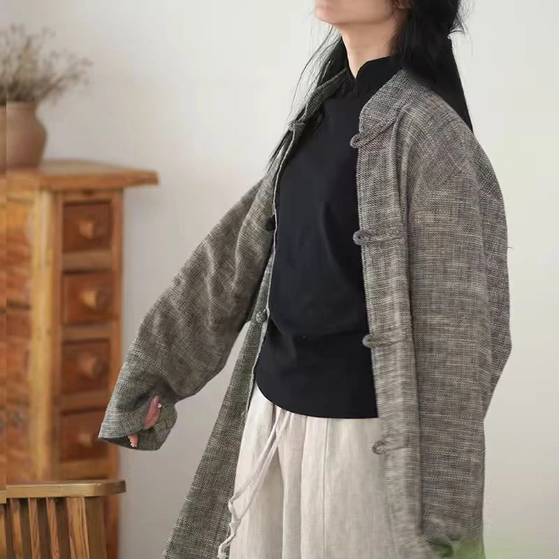 庸庸家秋季新款中国风袍子全麻质地秋冬季长款宽松外套