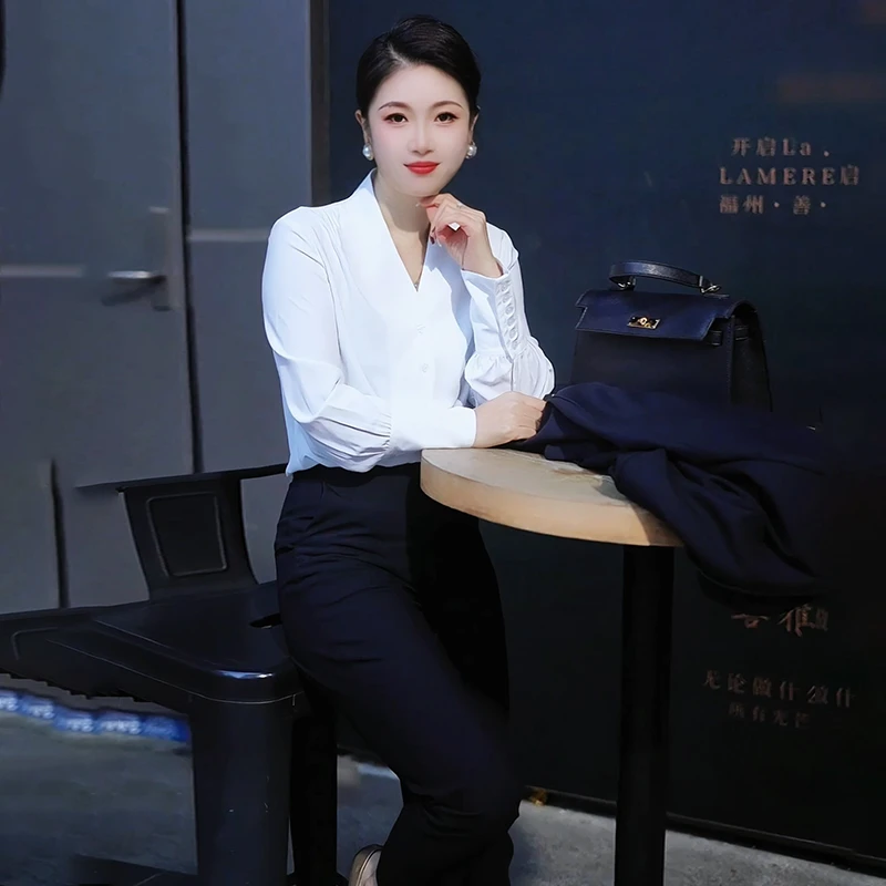 春季新款气质V领职业时尚衬衫女长袖衬衣修身上衣