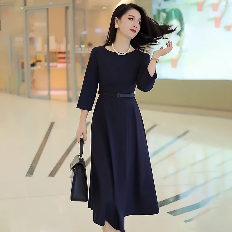 欧洲站法式连衣裙女2024早秋新款高端气质收腰显瘦七分袖过膝裙子