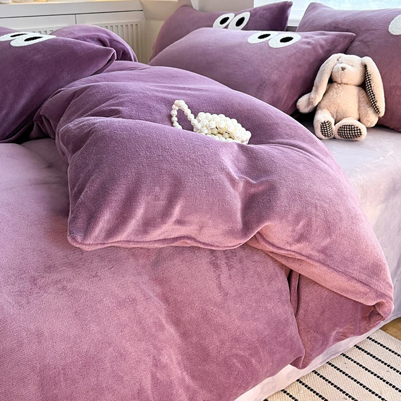 珊瑚绒加绒被套单件牛奶绒床单被罩三件套冬季纯色被单加厚褥子套