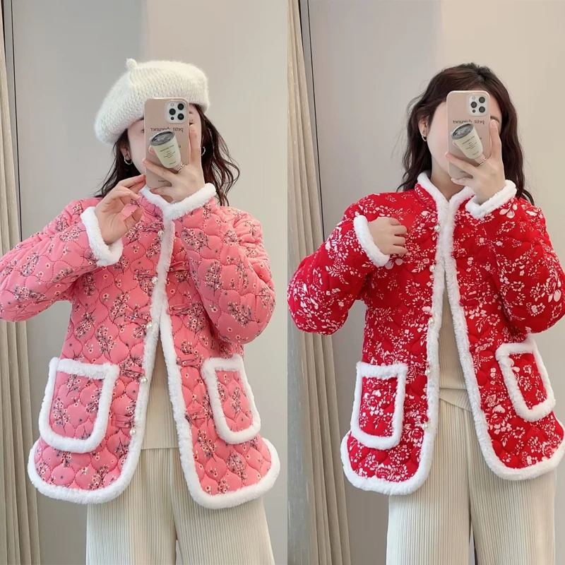 大码女装胖mm秋冬网红棉衣加绒保暖复古中国风盘扣碎花棉袄拜年服